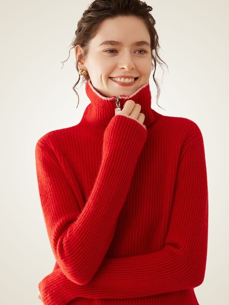 Lanlycashmere Half Zip Cashmere Sweater – Ribbed Fitted Zip Neck Pullover