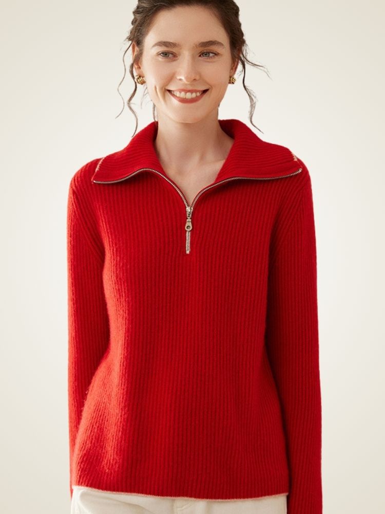 Lanlycashmere Half Zip Cashmere Sweater – Ribbed Fitted Zip Neck Pullover