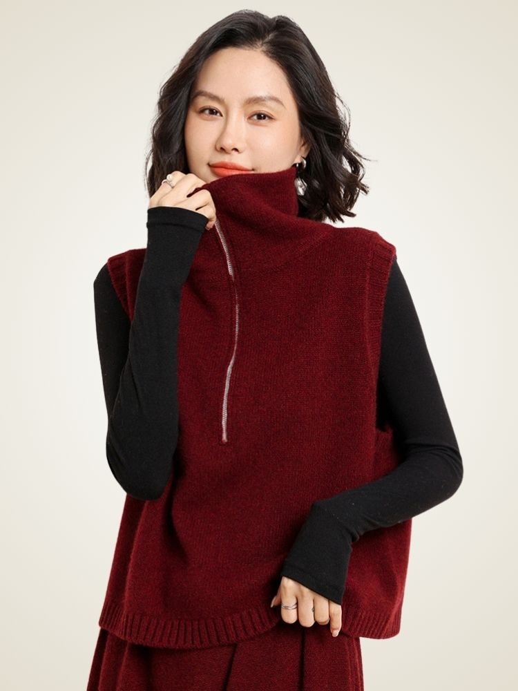 Lanlycashmere Zip Neck Cashmere Sweater Vest – Sleeveless Turtleneck Knit