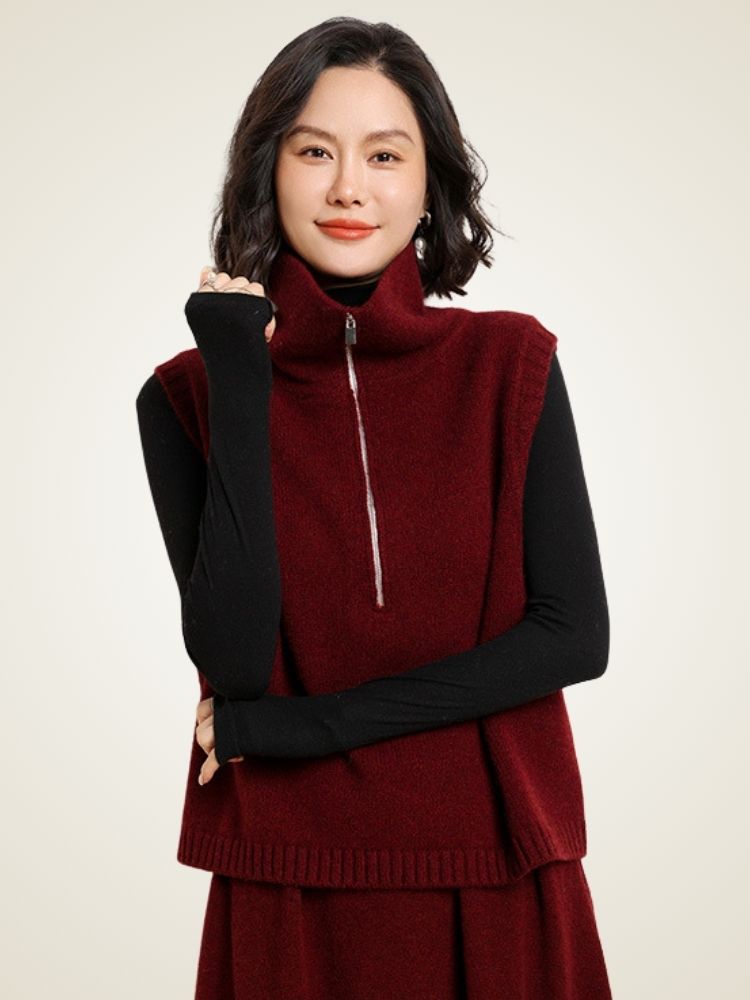 Lanlycashmere Zip Neck Cashmere Sweater Vest – Sleeveless Turtleneck Knit