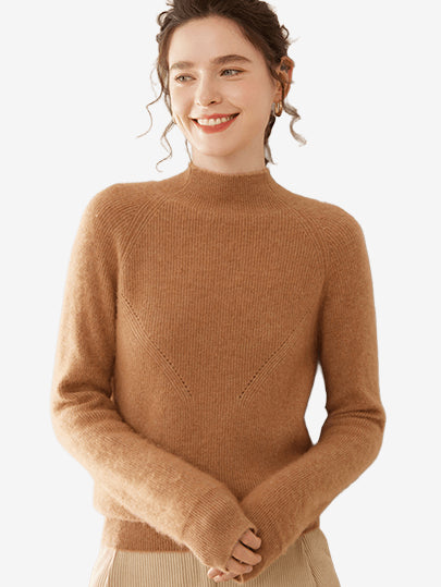 LANLY - Women's Mock Neck Cashmere Sweater Mongolian Cashmere Ribbed Pullover