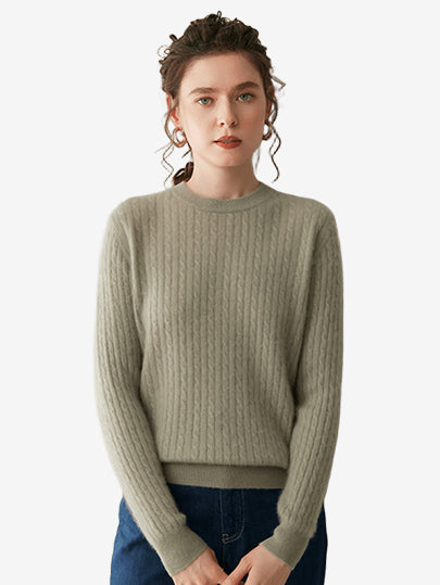 LANLY - Women's Cable Knit Sweater Soft Cashmere Wool Crewneck Top