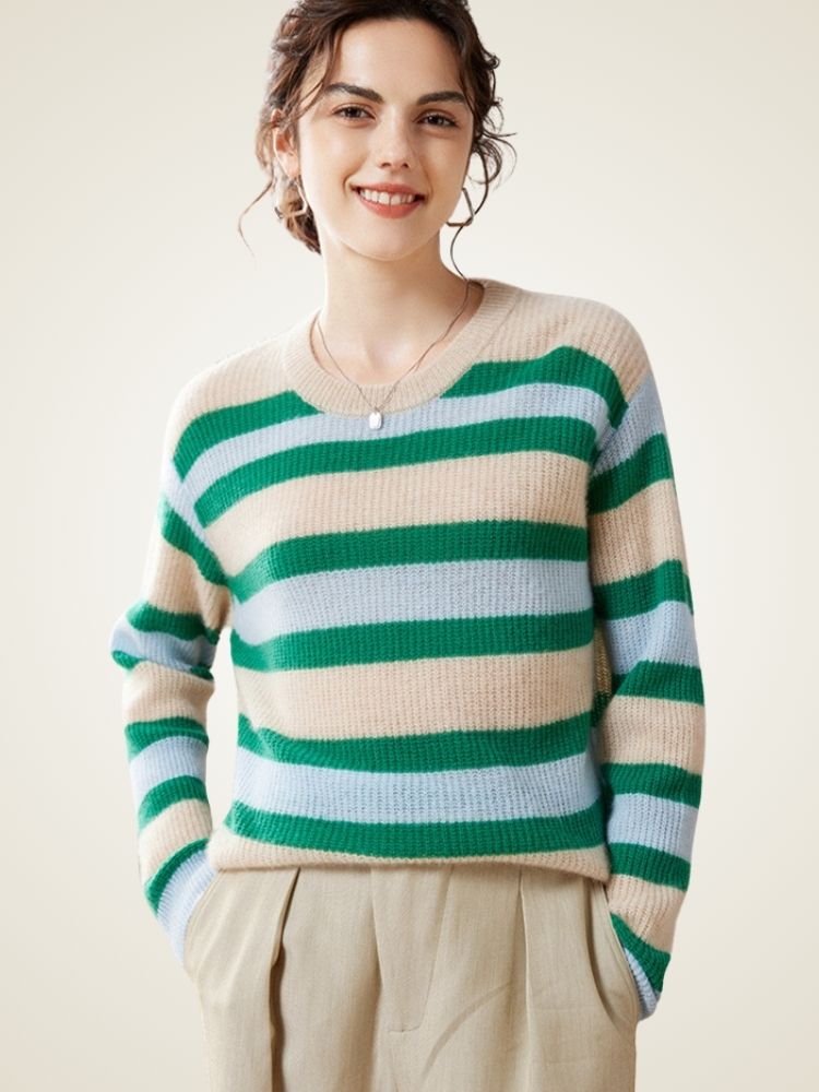 LanlyCashmere Women’s Striped Cashmere Sweater – Relaxed Crewneck Knit Pullover