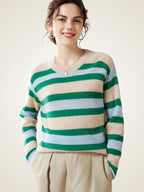 LanlyCashmere Women’s Striped Cashmere Sweater – Relaxed Crewneck Knit Pullover