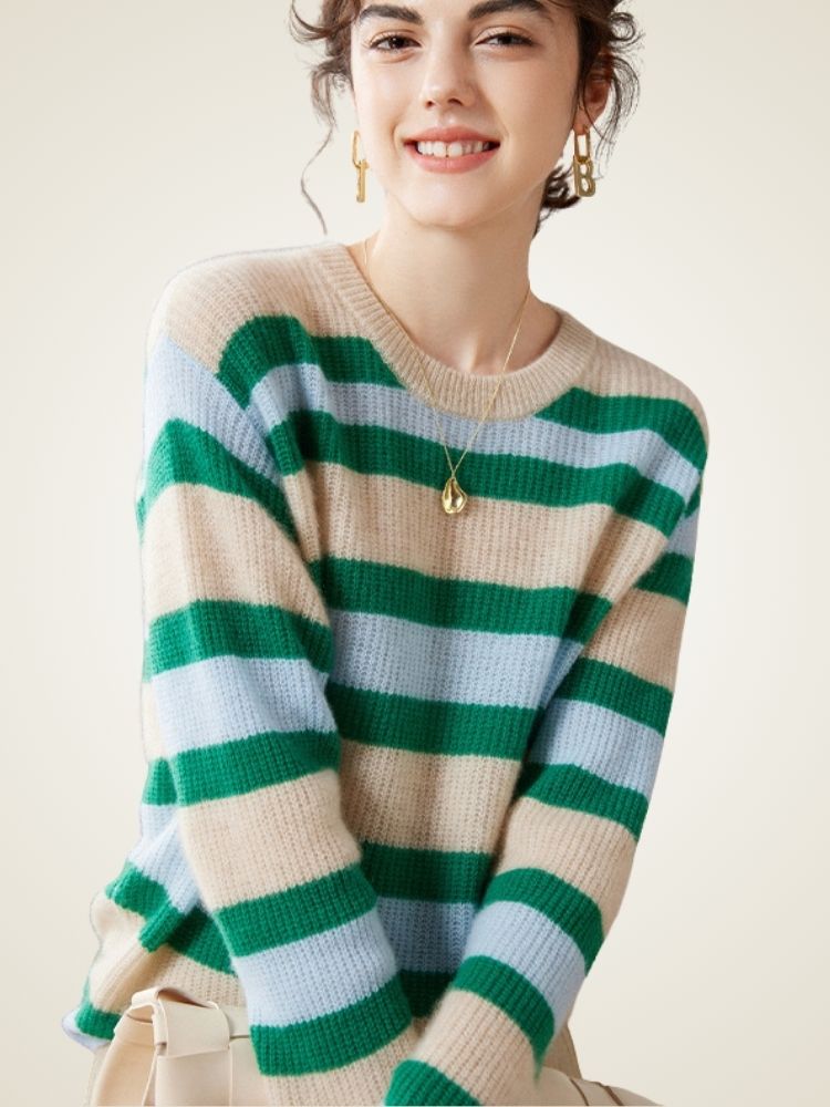 LanlyCashmere Women’s Striped Cashmere Sweater – Relaxed Crewneck Knit Pullover