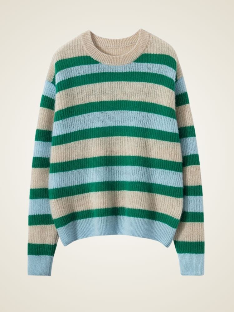 LanlyCashmere Women’s Striped Cashmere Sweater – Relaxed Crewneck Knit Pullover