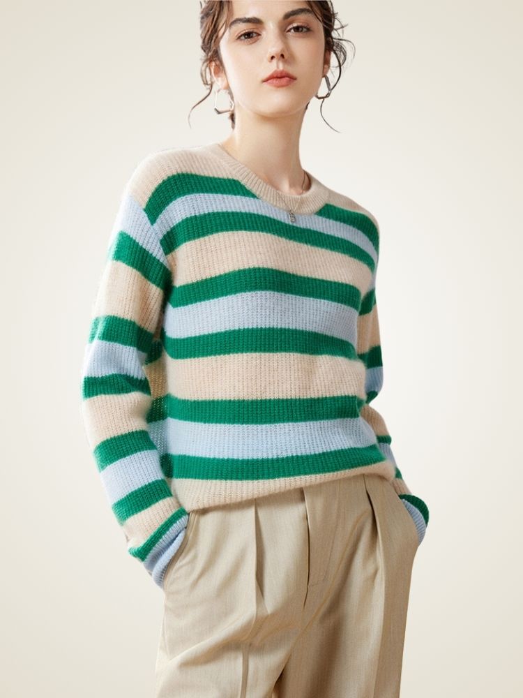 LanlyCashmere Women’s Striped Cashmere Sweater – Relaxed Crewneck Knit Pullover
