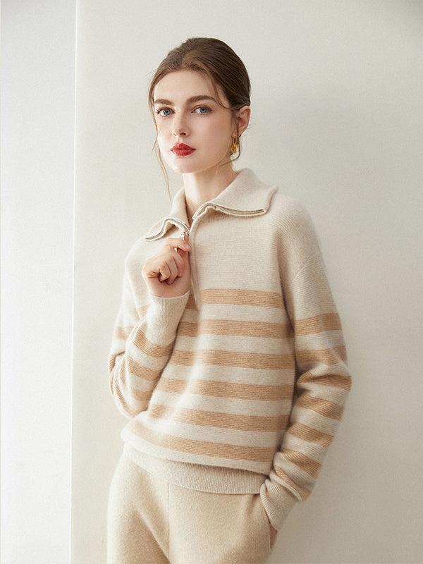 striped quarter zip cashmere pullover neutral tone