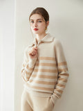 striped quarter zip cashmere pullover neutral tone