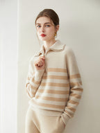 striped quarter zip cashmere pullover neutral tone