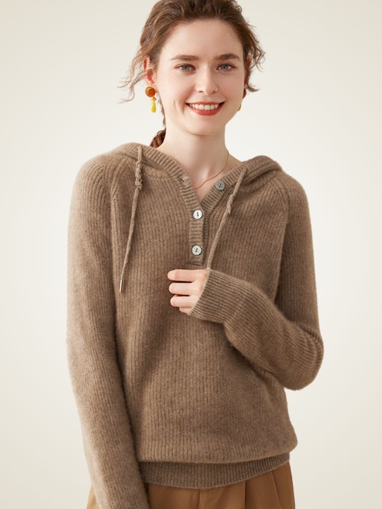 LanlyCashmere Button Neck Cashmere Hoodie – Soft Knit Henley Pullover