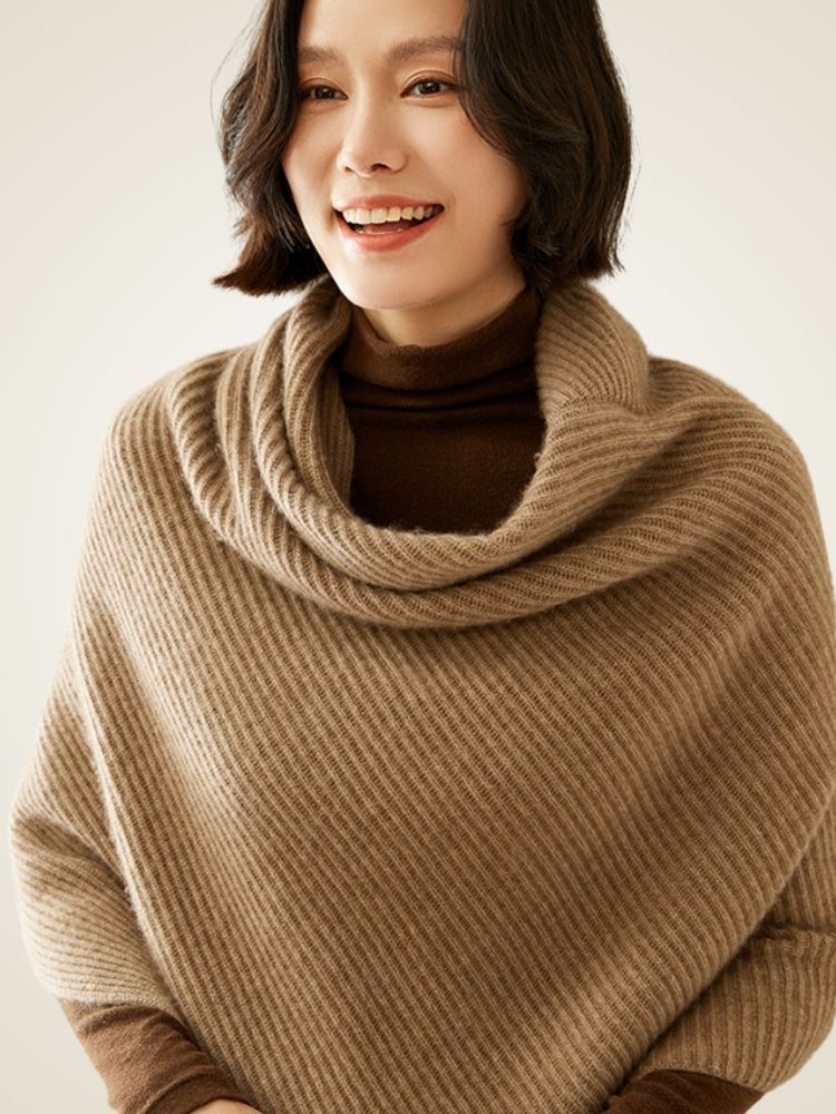 LanlyCashmere Cashmere Poncho for Women – Ribbed Knit Shawl Wrap Cape