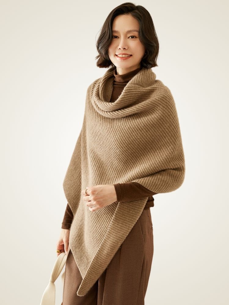 LanlyCashmere Cashmere Poncho for Women – Ribbed Knit Shawl Wrap Cape