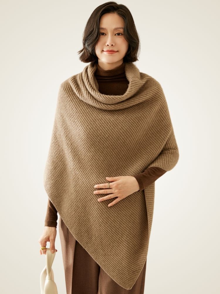 LanlyCashmere Cashmere Poncho for Women – Ribbed Knit Shawl Wrap Cape