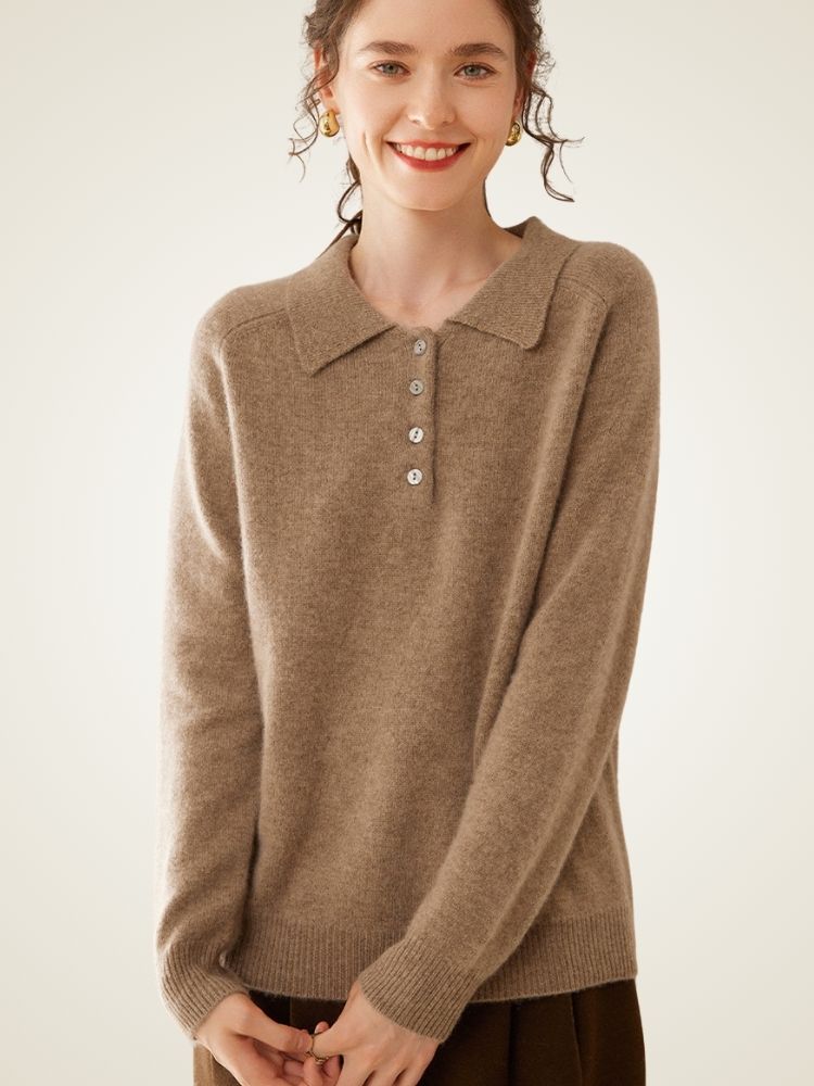LanlyCashmere Women’s Collared Cashmere Sweater – Button Knit Pullover