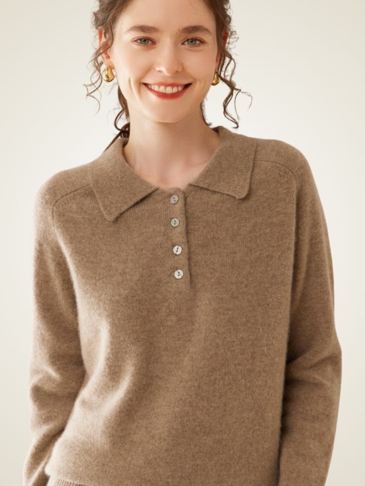 LanlyCashmere Women’s Collared Cashmere Sweater – Button Knit Pullover