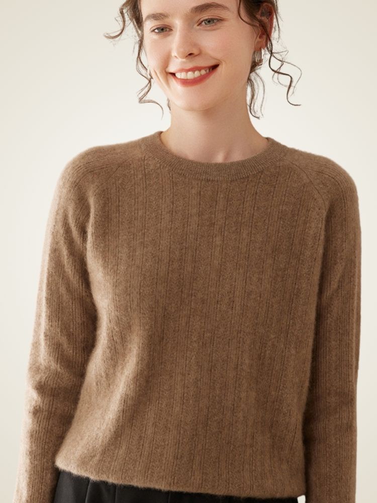 LanlyCashmere Women’s Pointelle Cashmere Sweater – Crew Neck Slim Fit Knit Pullover