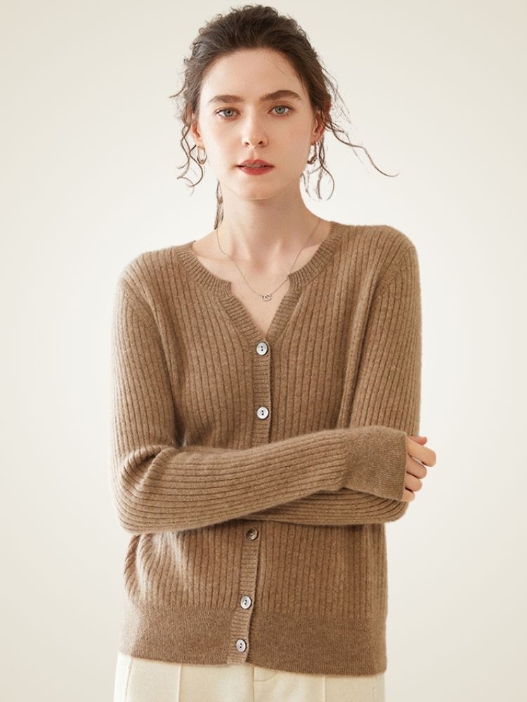 LanlyCashmere Women’s Ribbed Cashmere Cardigan – Slim Fit Button Knit Sweater