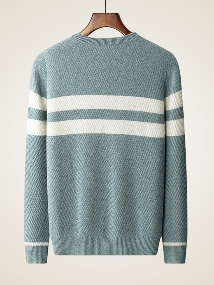 LanlyCashmere Men’s Striped Cashmere Sweater – Textured Knit Crew Neck Pullover