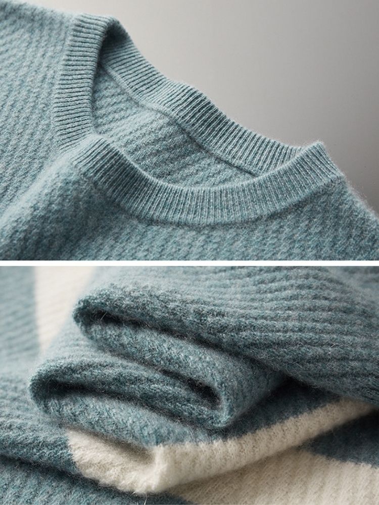 LanlyCashmere Men’s Striped Cashmere Sweater – Textured Knit Crew Neck Pullover