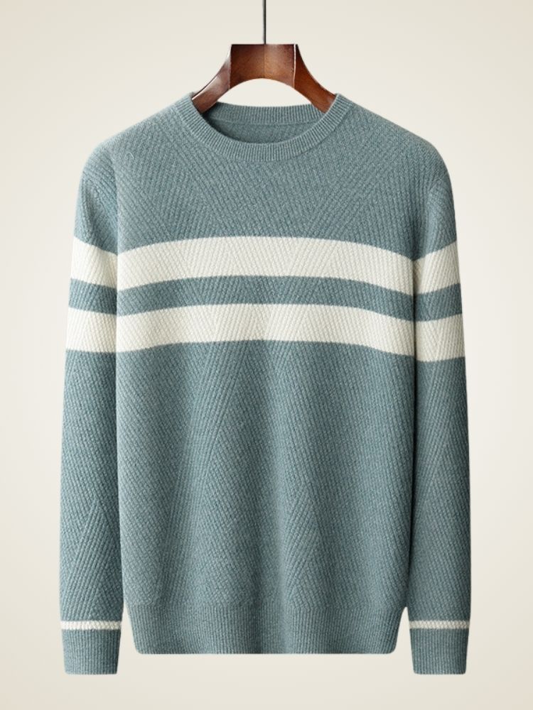 LanlyCashmere Men’s Striped Cashmere Sweater – Textured Knit Crew Neck Pullover