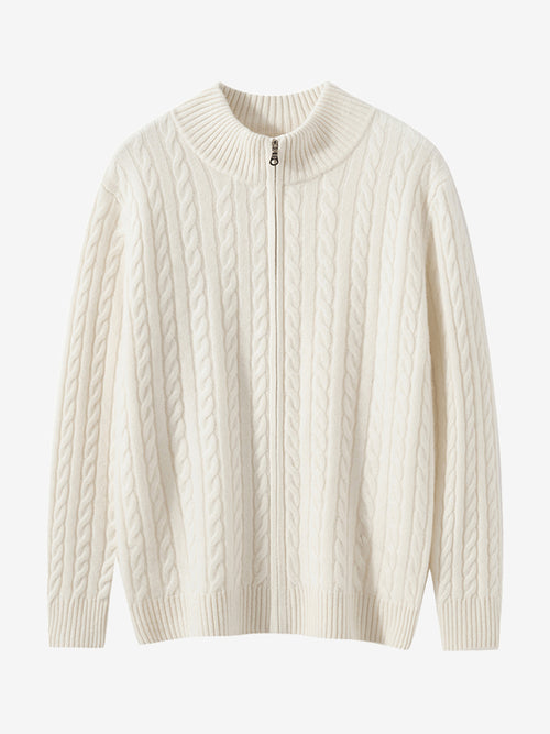 Lanly Cashmere Men's Full-Zip Sweater - Cable Knit Cardigan