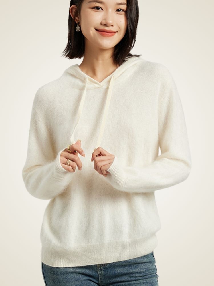LanlyCashmere Brushed Cashmere Hoodie – Soft Fuzzy Knit Pullover
