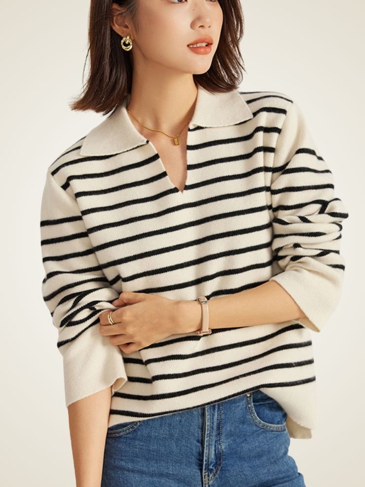 LanlyCashmere Striped Polo Wool Cashmere Sweater – Relaxed Knit Pullover