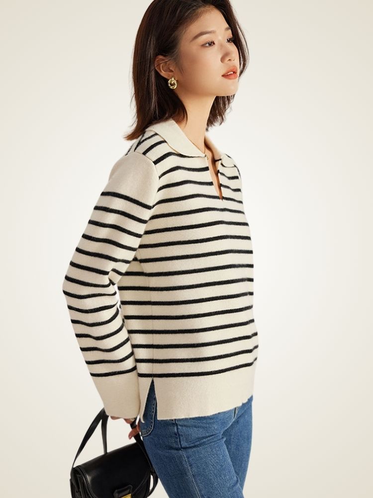 LanlyCashmere Striped Polo Wool Cashmere Sweater – Relaxed Knit Pullover