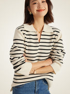 LanlyCashmere Striped Polo Wool Cashmere Sweater – Relaxed Knit Pullover