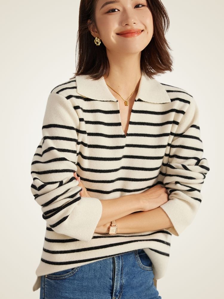 LanlyCashmere Striped Polo Wool Cashmere Sweater – Relaxed Knit Pullover