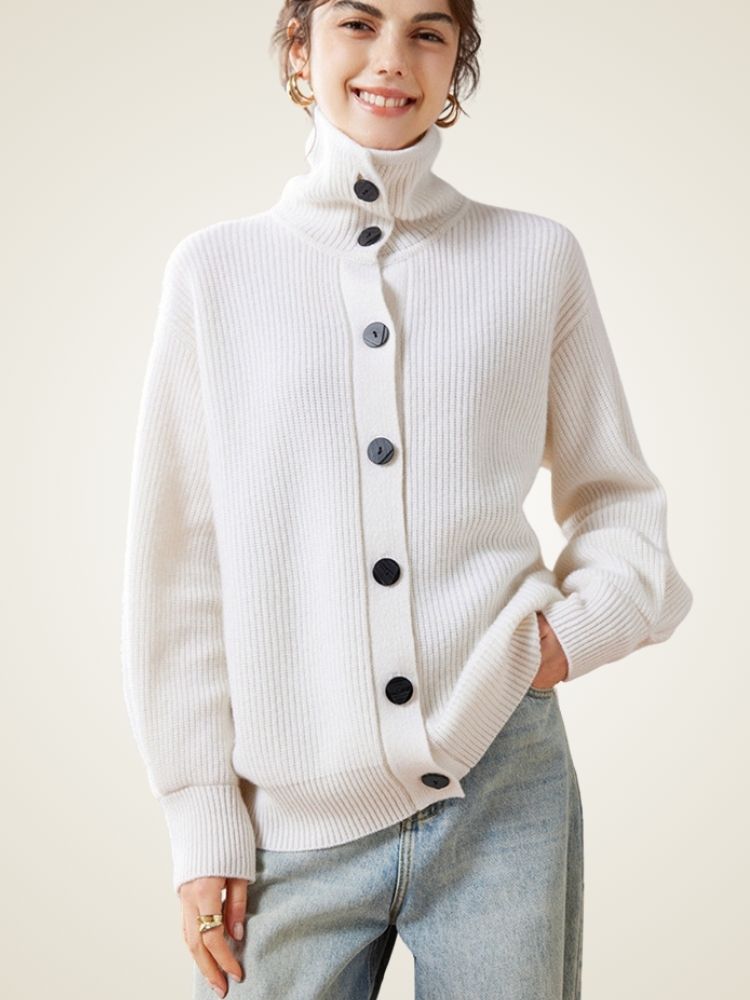 LanlyCashmere Women’s Cashmere Funnel Neck Cardigan – Ribbed Button Sweater