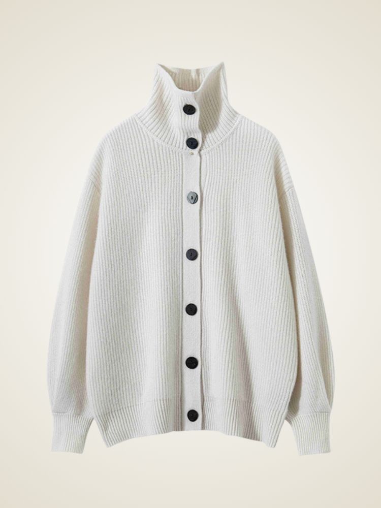 LanlyCashmere Women’s Cashmere Funnel Neck Cardigan – Ribbed Button Sweater