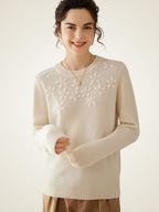 LanlyCashmere Women’s Hand Embroidered Floral Cashmere Sweater – Crew Neck Knit Pullover
