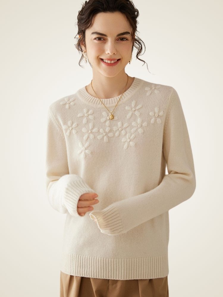 LanlyCashmere Women’s Hand Embroidered Floral Cashmere Sweater – Crew Neck Knit Pullover