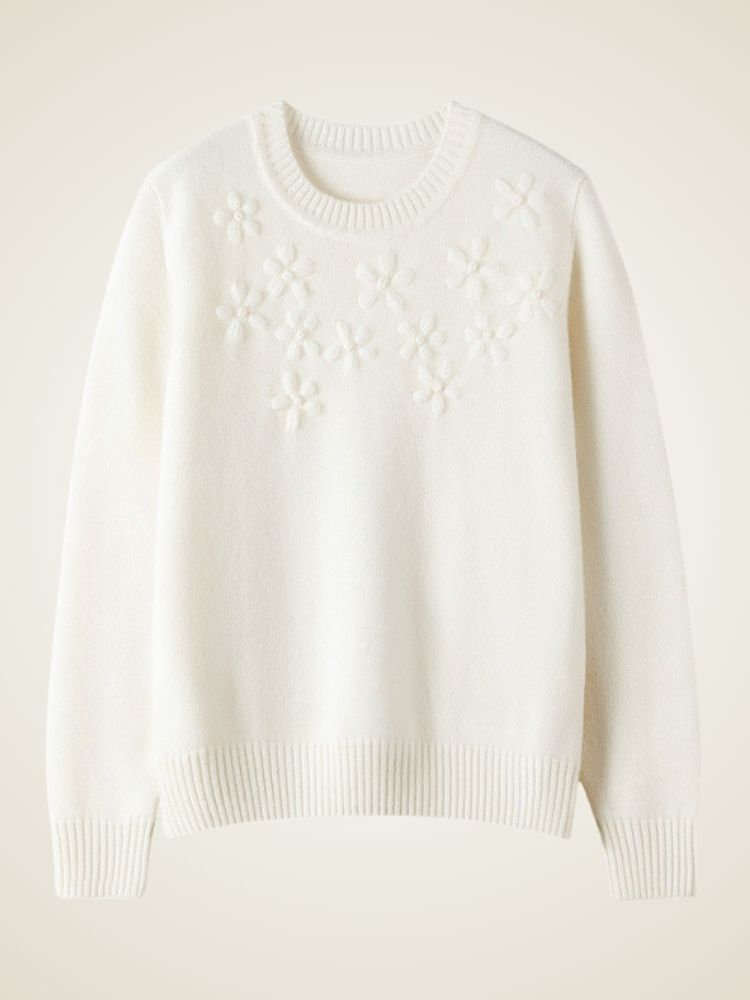 LanlyCashmere Women’s Hand Embroidered Floral Cashmere Sweater – Crew Neck Knit Pullover