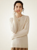 LanlyCashmere Women’s Hand Embroidered Floral Cashmere Sweater – Crew Neck Knit Pullover
