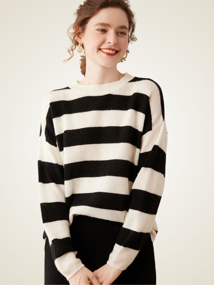 LanlyCashmere Women’s Striped Cashmere Sweater – Relaxed Fit Breton Knit Pullover