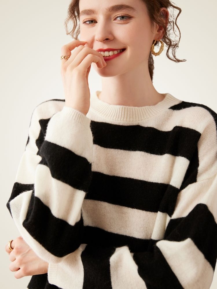 LanlyCashmere Women’s Striped Cashmere Sweater – Relaxed Fit Breton Knit Pullover