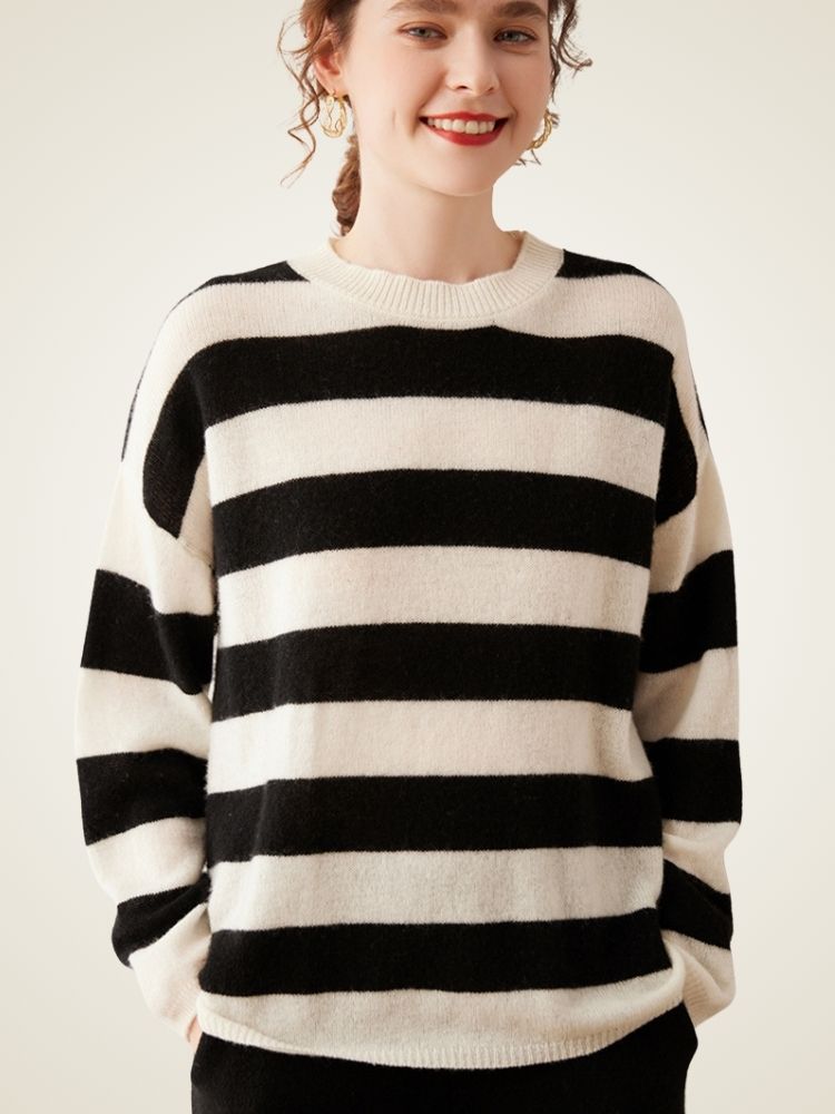 LanlyCashmere Women’s Striped Cashmere Sweater – Relaxed Fit Breton Knit Pullover