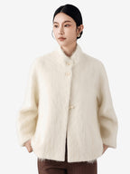LANLY Fuzzy Wool Cashmere Short Coat - Australian Merino Wool Silk Blend Ultra Soft Stand Collar Asymmetric Toggle Jacket