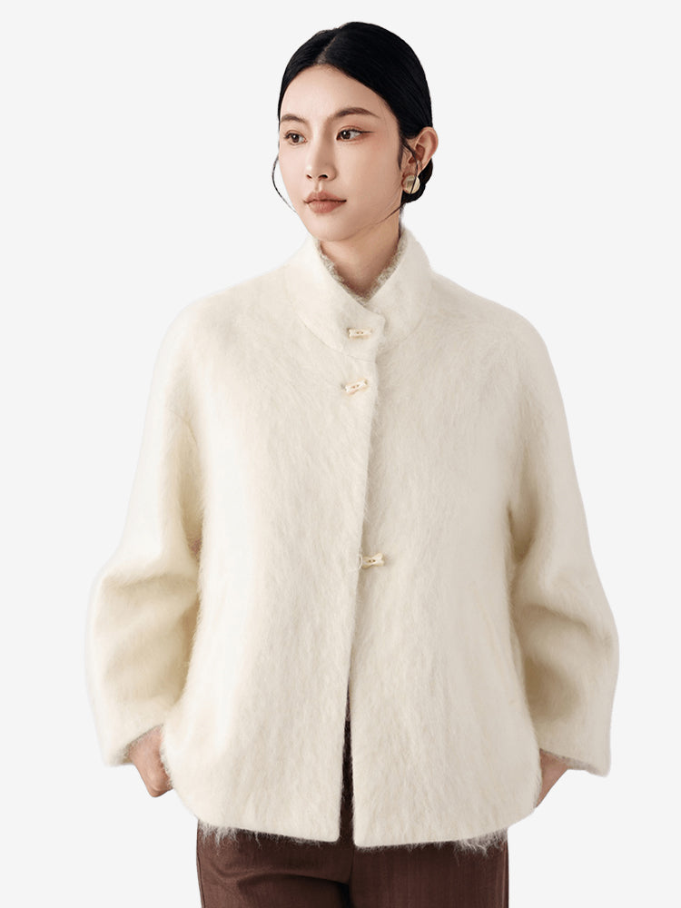 LANLY Fuzzy Wool Cashmere Short Coat - Australian Merino Wool Silk Blend Ultra Soft Stand Collar Asymmetric Toggle Jacket