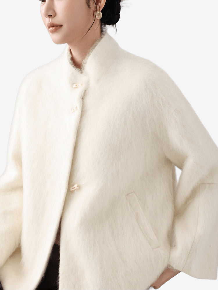 LANLY Fuzzy Wool Cashmere Short Coat - Australian Merino Wool Silk Blend Ultra Soft Stand Collar Asymmetric Toggle Jacket