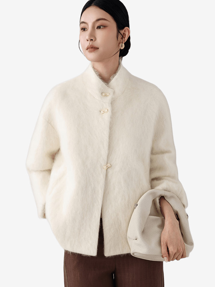 LANLY Fuzzy Wool Cashmere Short Coat - Australian Merino Wool Silk Blend Ultra Soft Stand Collar Asymmetric Toggle Jacket