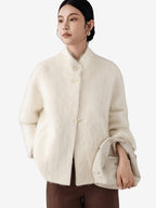 LANLY Fuzzy Wool Cashmere Short Coat - Australian Merino Wool Silk Blend Ultra Soft Stand Collar Asymmetric Toggle Jacket