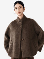 LANLY Fuzzy Wool Cashmere Short Coat - Australian Merino Wool Silk Blend Ultra Soft Stand Collar Asymmetric Toggle Jacket