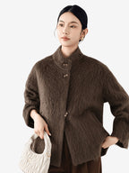 LANLY Fuzzy Wool Cashmere Short Coat - Australian Merino Wool Silk Blend Ultra Soft Stand Collar Asymmetric Toggle Jacket