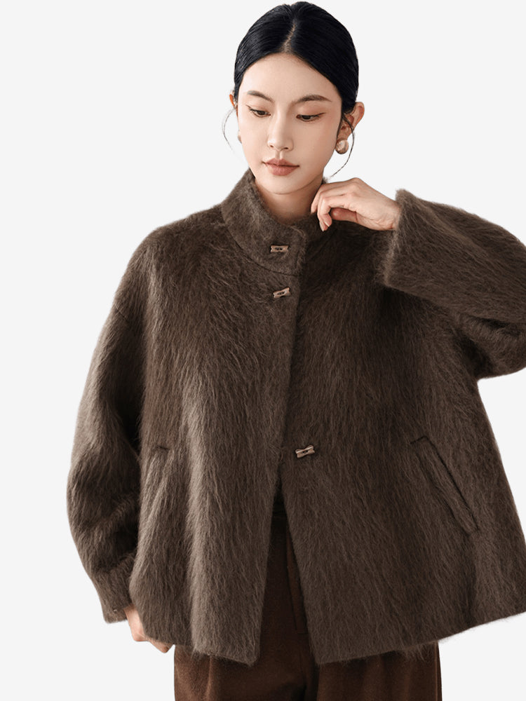 LANLY Fuzzy Wool Cashmere Short Coat - Australian Merino Wool Silk Blend Ultra Soft Stand Collar Asymmetric Toggle Jacket