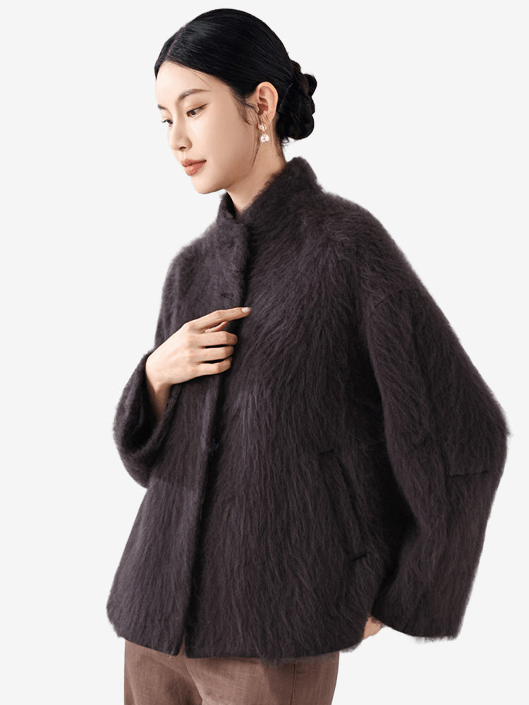 LANLY Fuzzy Wool Cashmere Short Coat - Australian Merino Wool Silk Blend Ultra Soft Stand Collar Asymmetric Toggle Jacket