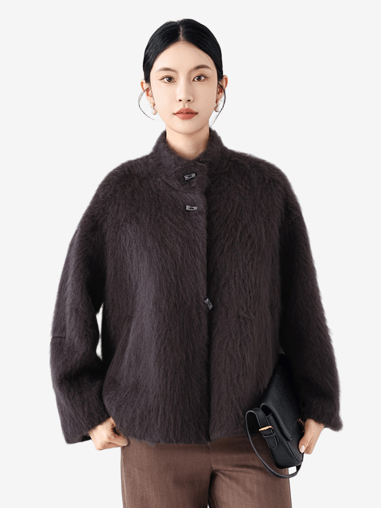 LANLY Fuzzy Wool Cashmere Short Coat - Australian Merino Wool Silk Blend Ultra Soft Stand Collar Asymmetric Toggle Jacket